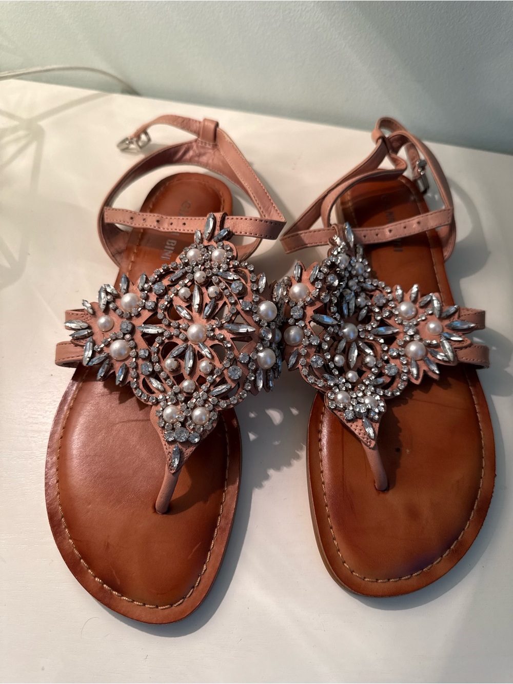 Gianni Bini Blush Pink Pearl & Crystal T-Strap Sandals